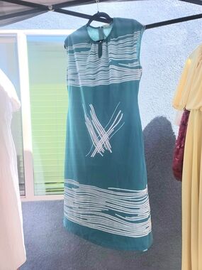 Vintage Teal Graphic A-Line Dress with White Stripes